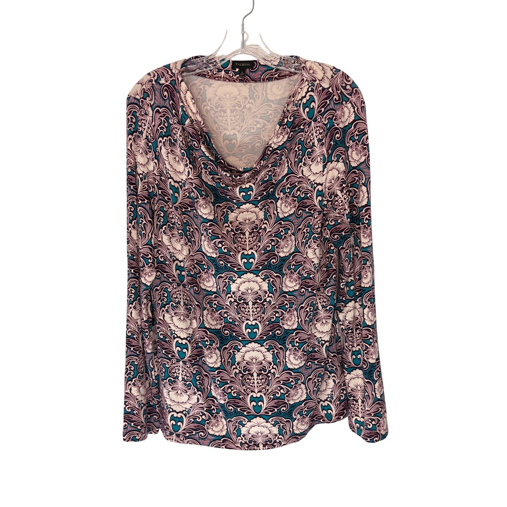 Talbots Blouse Purple Blue Paisley Print Stretch Long Sleeve Cowl Neck Large